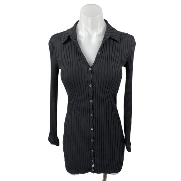 Theory Black Ribbed Knit Long Sleeve Collared Button Up Mini Bodycon Dress XS - Picture 1 of 4